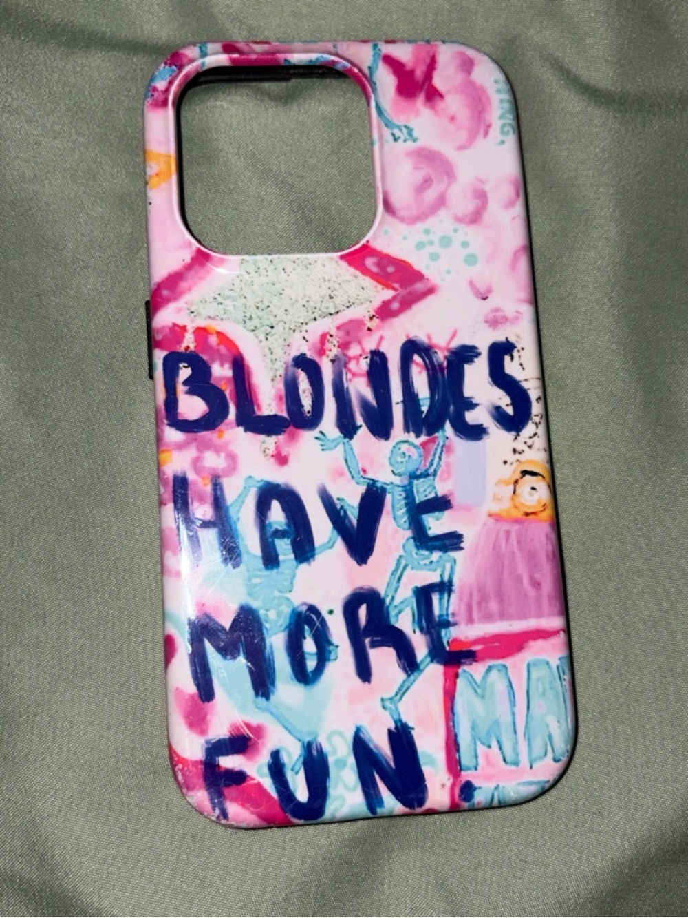 Apple Pink Phone Case with Blue Text and Multicolor Graphics